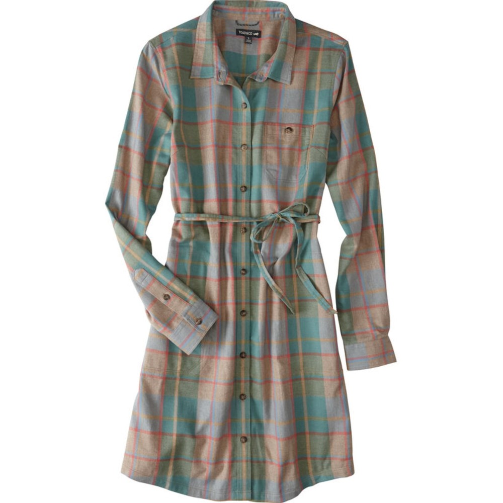 Toad&Co Camas 100% Organic Cotton Flannel Shirtdress in Teal Plaid Size Small